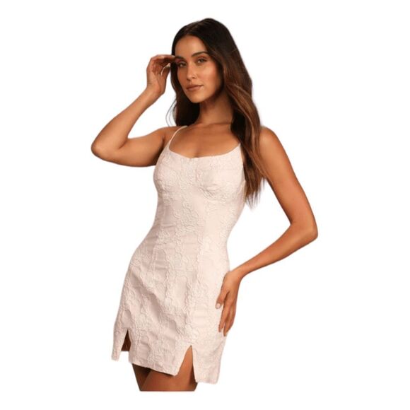 Lulu's Shine and Shimmer Mini Dress Light Pink Floral Jacquard Bodycon S - Picture 1 of 10